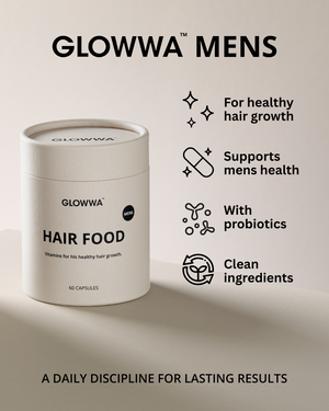 GLOWWA MENS hair health product with features listed on a beige background