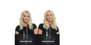 Two women with different hairstyles next to hair product bottles labeled 'Curly Ever After' and 'Curls Gone Wild'.