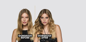 Before and after comparison of a woman with styled hair on a plain background