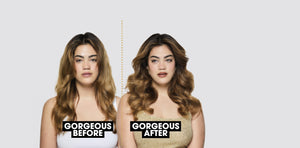 Before and after comparison of a woman with styled hair on a plain background