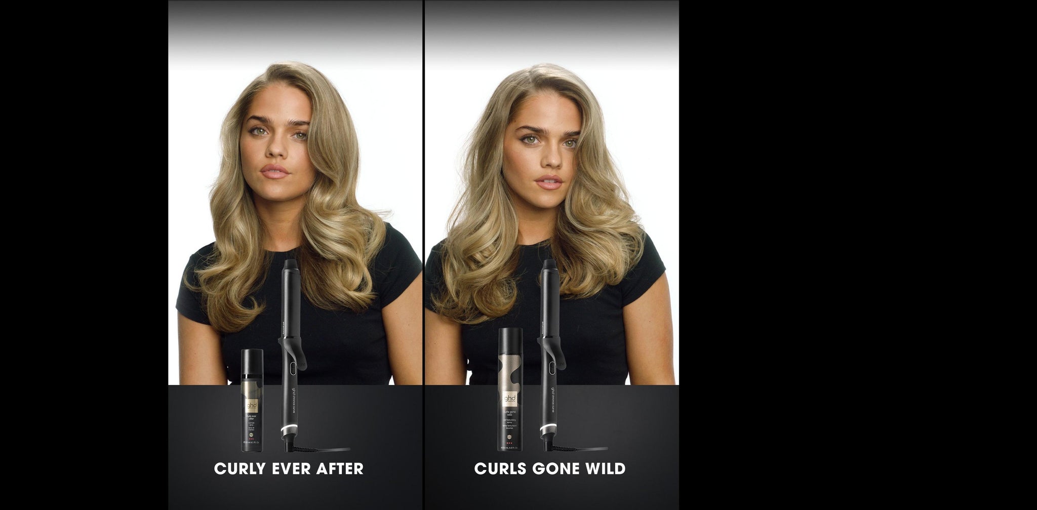 Before and after comparison of hair product effects on a woman's hair.