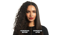 Before and after comparison of a woman with styled hair on a white background