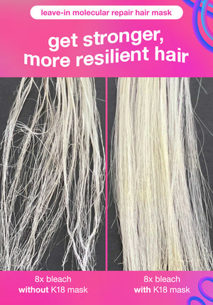 Hair mask advertisement showing before and after effects on bleached hair.