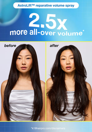 Before and after comparison of a woman's hair volume using AstroLift reparative volume spray.