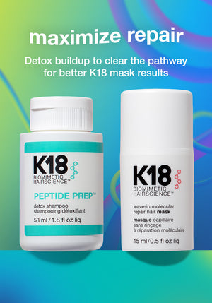 K18 hair care products with 'maximize repair' text on a colorful background