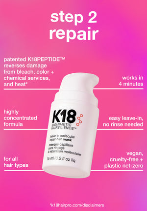 K18 hair mask bottle with product features on a pink gradient background