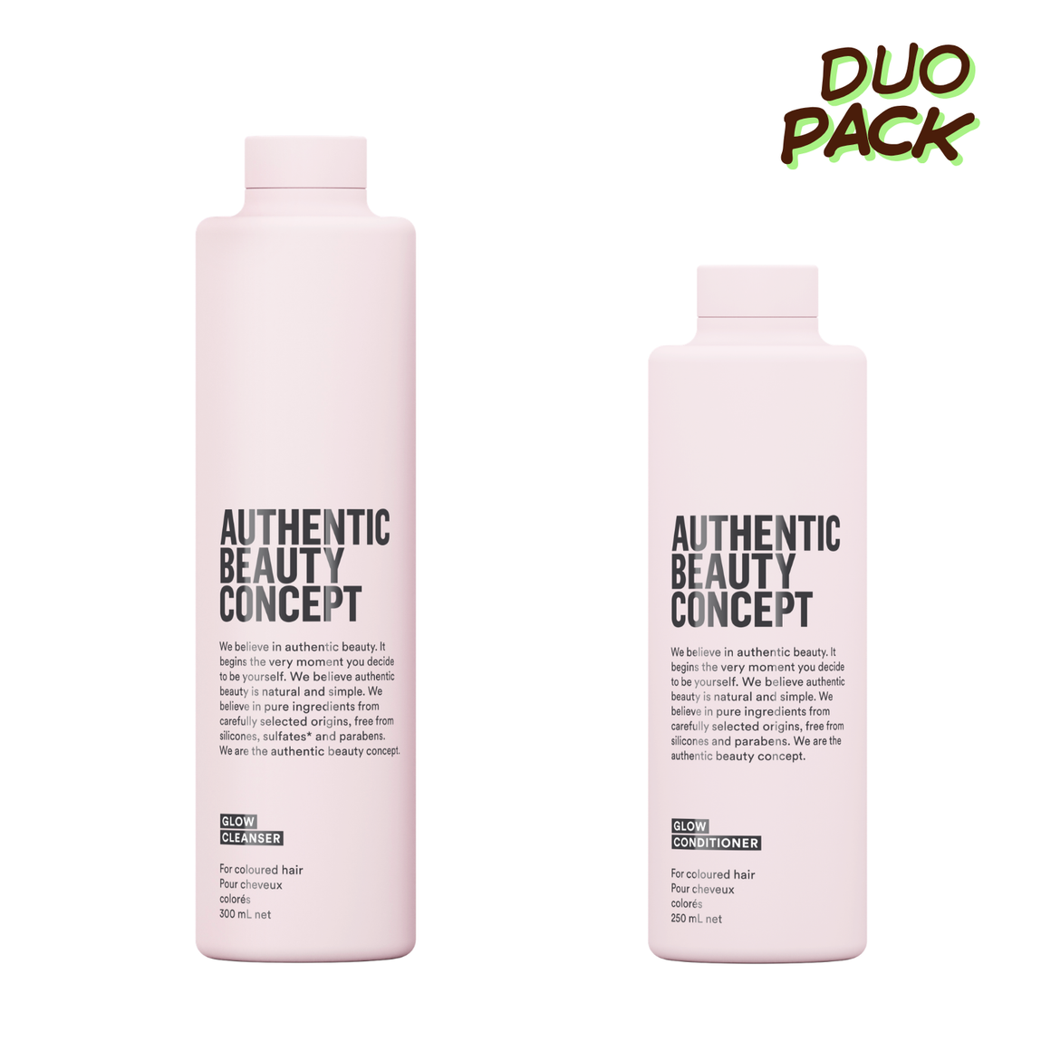 Two pale pink bottles of Glow Authentic Beauty Concept hair care products on a white background, with a 'DUO PACK' label in the top right corner at Eds Hair Bramhall.