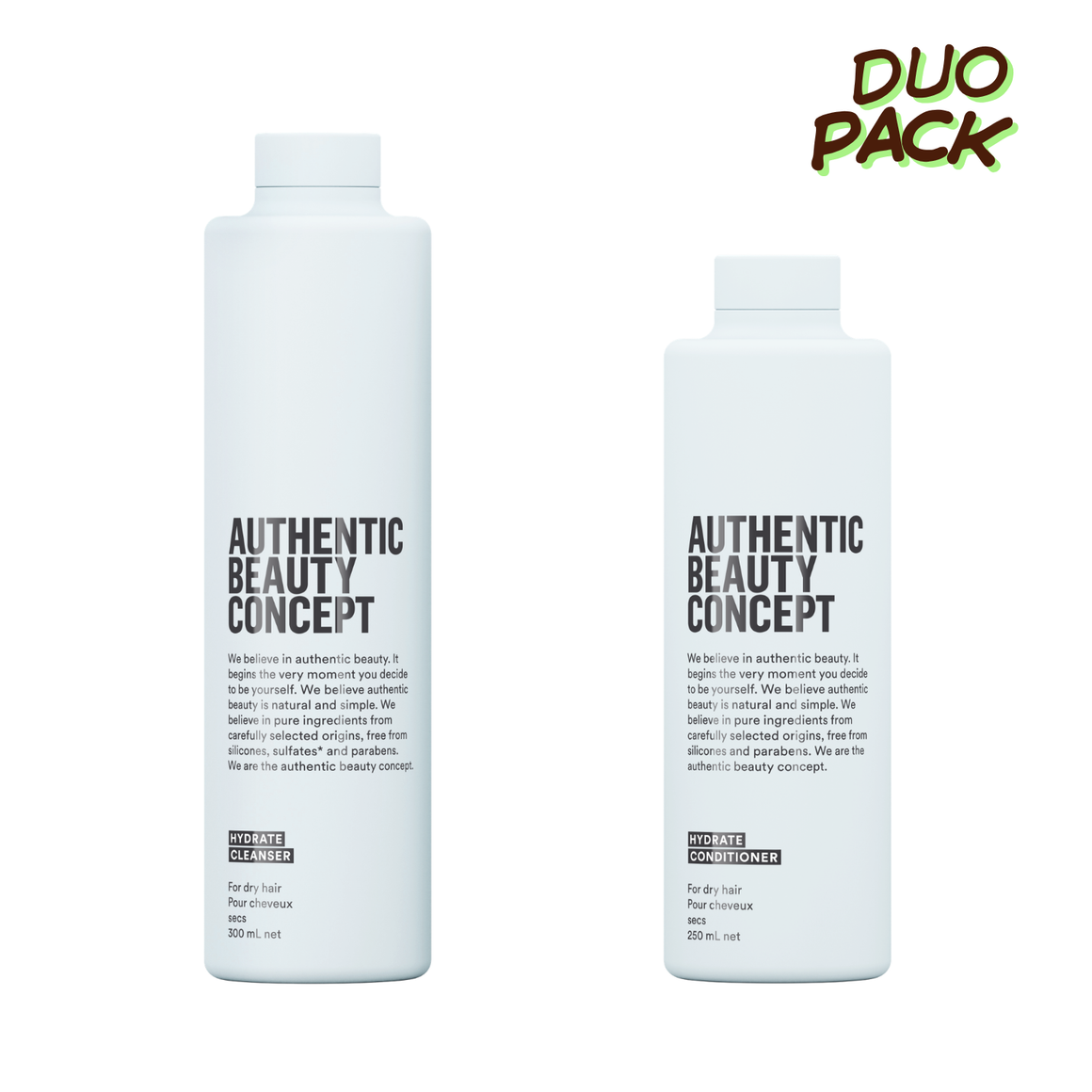 Two white bottles of 'Authentic Beauty Concept' hair care products, labeled 'Hair Cleanser' and 'Hair Conditioner', shown as a duo pack with a 'DUO PACK' label in the top right corner.