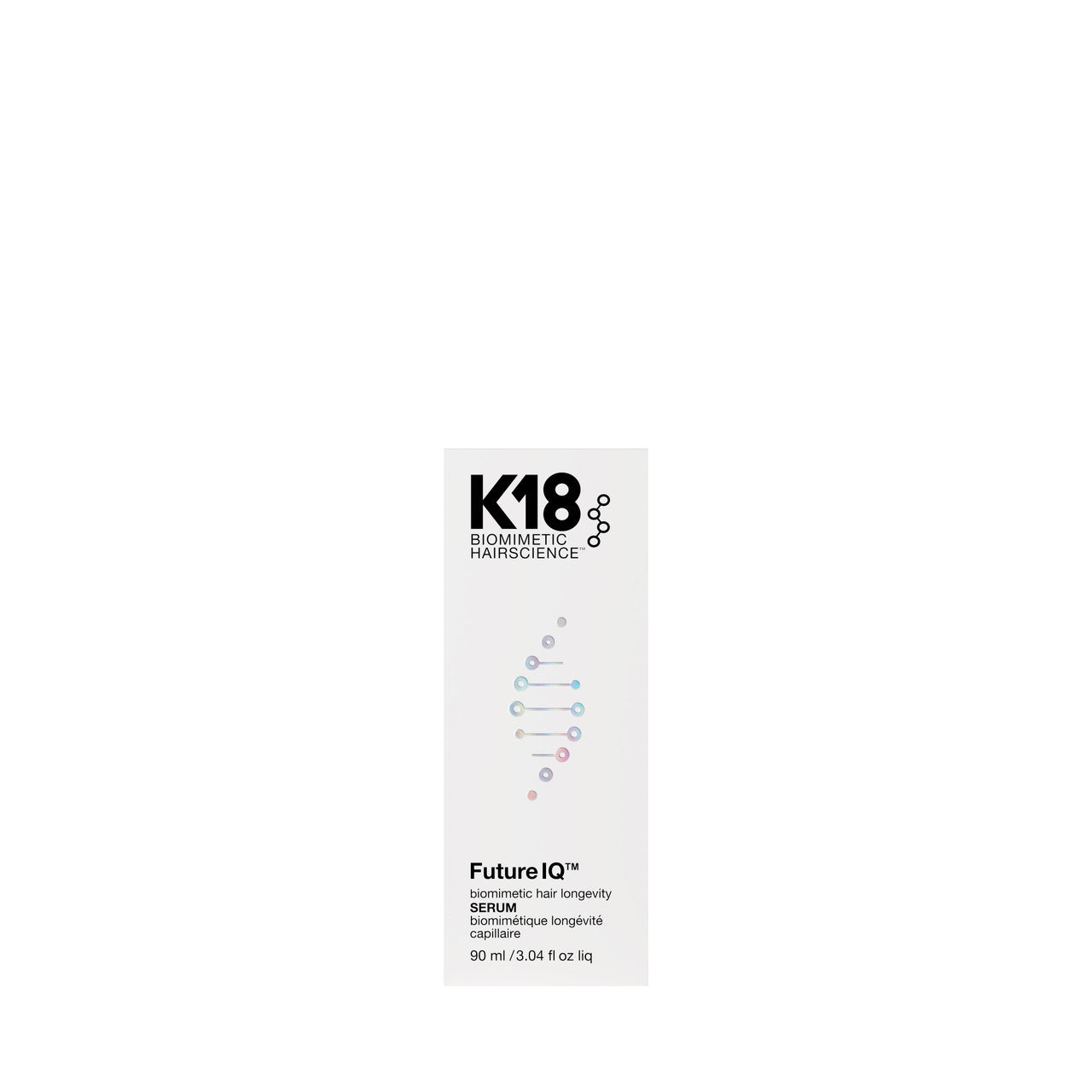 A tall, narrow white product box for K18 Hairscience Future IQ Serum, featuring black text and a simple blue and pink molecular graphic on a plain white background.