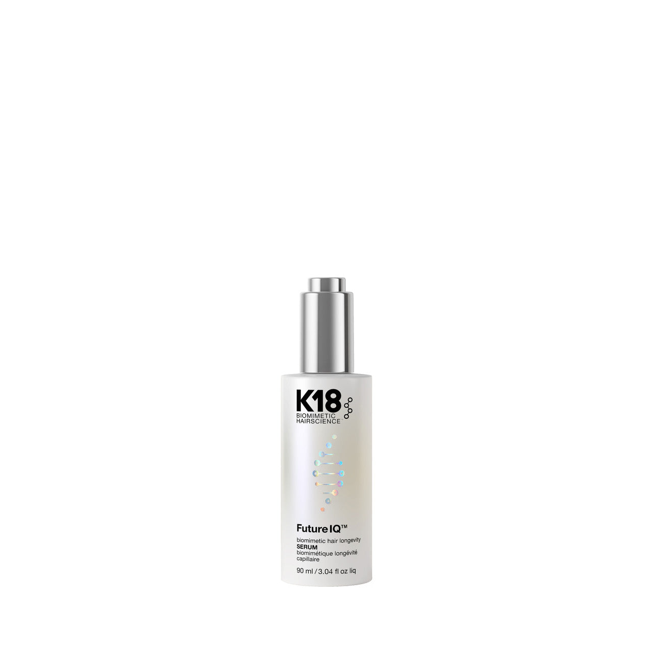 K18 Beauty FutureIQ Hair Strengthener in a white cylindrical bottle with a metallic silver cap, centered on a plain white background.