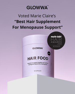 GLOWWA Hair Food supplement container with Marie Claire award on a purple background