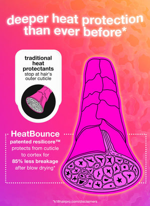 Advertisement for HeatBounce heat protectants with pink background and text about deeper heat protection.