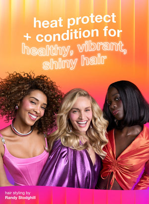 Three women with styled hair against a colorful background with text about heat protection and conditioning.