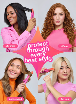 Four women using a hair styling tool with text indicating different heat styling methods on a gray background.